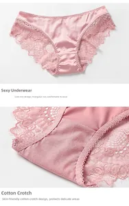 Detail view of pink lace panties featuring silky satin fabric and eyelash lace trim