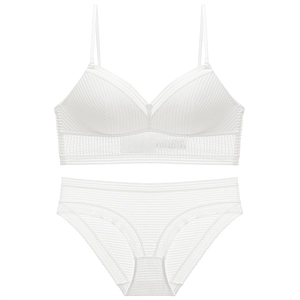 Detailed view of white wireless lace bra and panties set with striped mesh textures