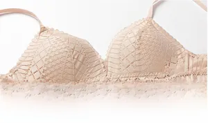 Detail of nude wireless lace bra featuring intricate 3D floral embroidery and scalloped edges