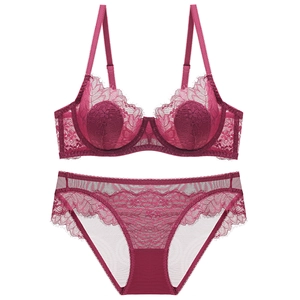 Elegant burgundy lace lingerie set featuring a thin cup bra and sheer mesh panty