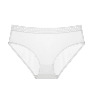 Detail view of white seamless briefs featuring breathable mesh and delicate lace trim