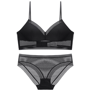 Detailed macro view of black lace bra set featuring striped mesh texture and hollow-out band