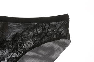 Dettaglio ravvicinato del pizzo floreale nero e della trama a rete di questo slip