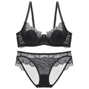 Sexy black lace lingerie set with eyelash lace bra and sheer mesh panty for women