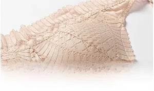 Macro shot of delicate floral lace pattern and seamless wave edges on beige bra