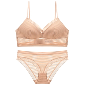 Beige French wireless lace lingerie set with striped triangle bra and matching panties