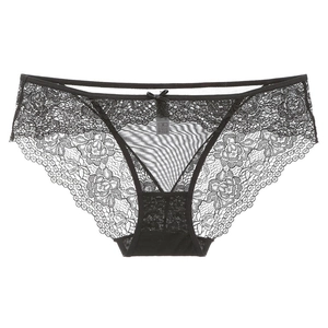 Sexy black lace and mesh panties for women with low waist and ribbon bow detail