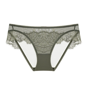 Olive green low waist lace panties with floral embroidery and breathable mesh fabric