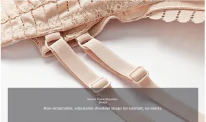 Detail of adjustable elastic straps and delicate floral lace on a pink comfort bra