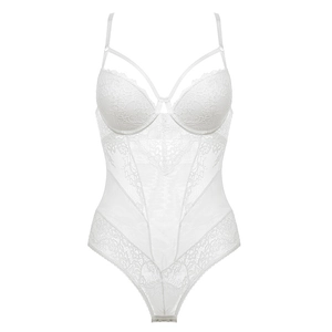 Detailed view of white floral lace panel and mesh stitching on lace bodysuit