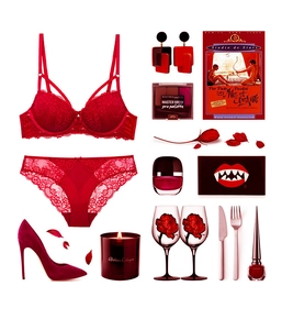 Ensemble de lingerie en dentelle rouge avec soutien-gorge push-up et culotte sur fond blanc