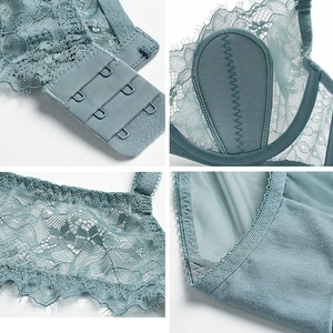 Lace bra set in gray blue featuring eyelash lace details and secure 3-row hook-and-eye closure
