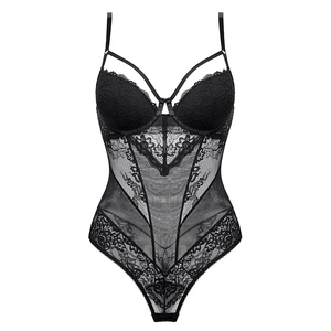 Detailed close-up of black lace bodysuit featuring floral embroidery and mesh paneling