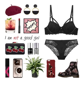 Planche tendance avec ensemble de lingerie en dentelle noire et accessoires de mode rétro