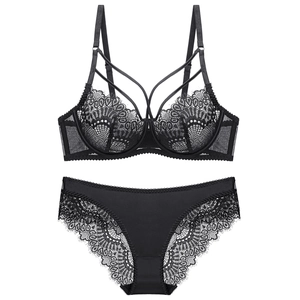 Women Sexy Lace Lingerie Bra And Panty Ultra Thin Transparent Push Up Floral Embroidery Underwire Underwear Top And Bottom