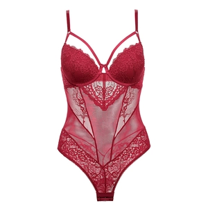 Macro view of burgundy lace bodysuit featuring floral embroidery and V-shape mesh detail