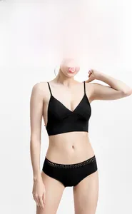 Détail d'un ensemble bralette noire sans armature avec col en V et culotte en dentelle