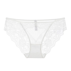Women's white lace panties featuring floral sheer mesh and a center bow in size M