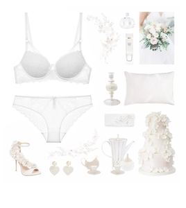 Ensemble de lingerie de mariage en dentelle avec talons hauts et accessoires blancs