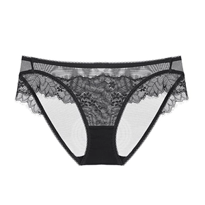 French style thin transparent lace panties in black mesh with eyelash floral lace trim