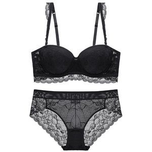 Elegant black floral lace lingerie set with push-up bra and matching panties for women
