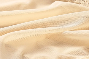 Detailed macro view of beige high-density mesh fabric with delicate lace edges