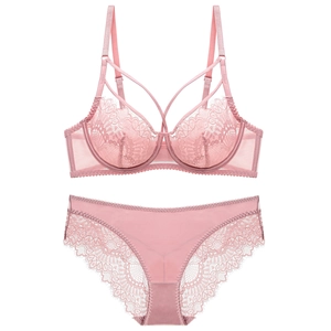 Lace lingerie set with sheer underwire bra and matching panties in pale pink