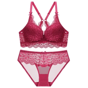 Elegant rose red lace embroidery lingerie set with floral patterns and a cross back design
