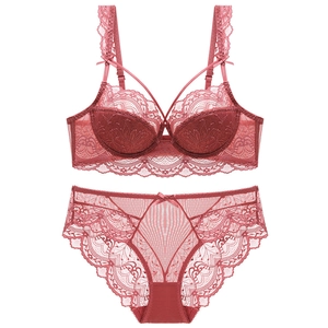 Women Sexy Lace Bra And Panty Combination French Style Floral Embroidery Deep V Underwired Thin Cotton Cup Lingerie