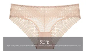 Detailed view of beige lace panties with cotton crotch and delicate scalloped edges