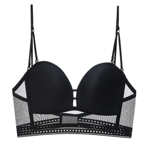 Sexy black lace mesh bra with low back U-shape design and sheer floral trim for women