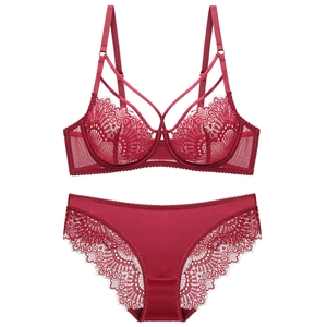 Sexy dark red lace lingerie set with ultra-thin unlined bra and matching panty for women
