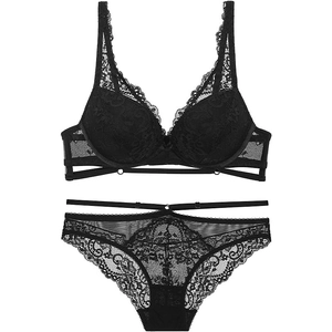 Elegant black lace lingerie set with push-up bra and multi-strap hollow detail