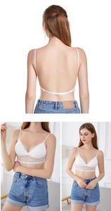 Close-up of a white French lace bralette featuring a low U-back and delicate straps