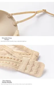 Close-up of nude seamless bra featuring adjustable straps and three-row back buckle closure