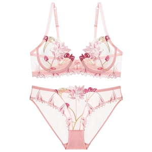 Sheer lace lingerie set with colorful floral cherry embroidery on pink mesh fabric