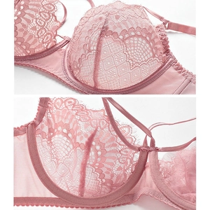 Pink sheer lace underwire bra set with floral patterns for a feminine and supportive look