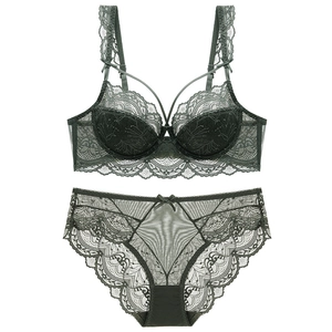 Deep green French lace lingerie set with underwire bra and sheer mesh panty details