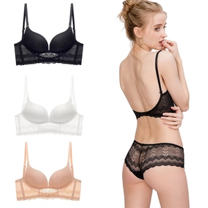 U-back seamless push-up bra and lace panties set with various colors and side model view