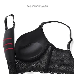 U-shaped backless seamless black lace bra set with supportive push up cups for women