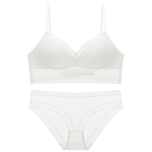 White striped seamless lace bra set with V-neck bralette and matching panties
