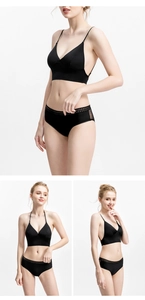 Détail de l'ensemble bralette triangle noire avec motif à pois ajourés sur la taille
