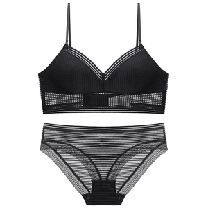 French lace wireless bra set with black striped mesh and adjustable thin straps