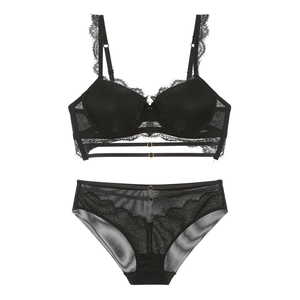 Detail of black lace bra set featuring steel underwire and gold ring hardware accents