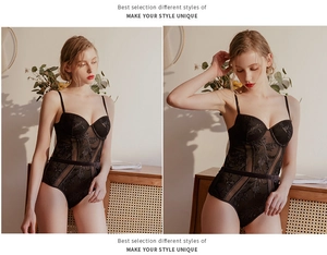Dettaglio del body in pizzo nero con ricamo floreale e pannelli in mesh trasparente