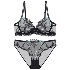 Detailed view of black sheer mesh bra set featuring intricate floral embroidery and steel rings