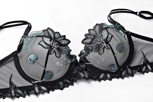 Detail of sheer black mesh bra featuring intricate silver and teal floral embroidery