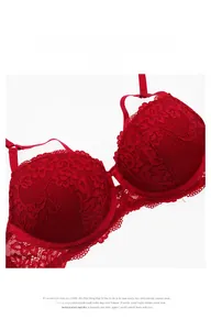 Vue macro du soutien-gorge en dentelle rouge foncé avec broderie florale et festons