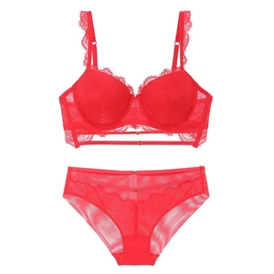 Detailed view of red lace lingerie set with mesh fabric and metal hardware accents