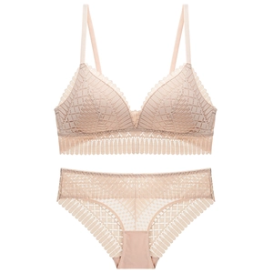 Nude lace triangle bralette and panty set with geometric crochet patterns and scalloped edges